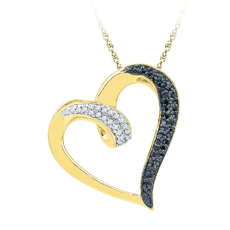 Tied knot necklace-10kt Yellow Gold Womens Round Black Color Enhanced Diamond Heart Pendant 1/6 Cttw