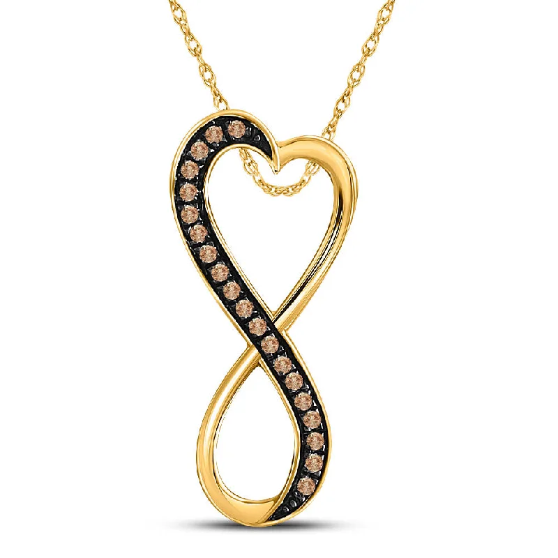 Rich moonstone necklace-10kt Yellow Gold Womens Round Brown Diamond Heart Infinity Pendant 1/10 Cttw