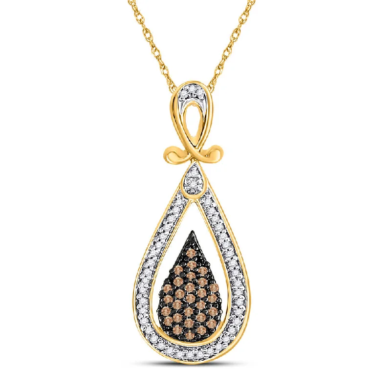 Glinting silver necklace-10kt Yellow Gold Womens Round Brown Diamond Teardrop Cluster Pendant 1/4 Cttw