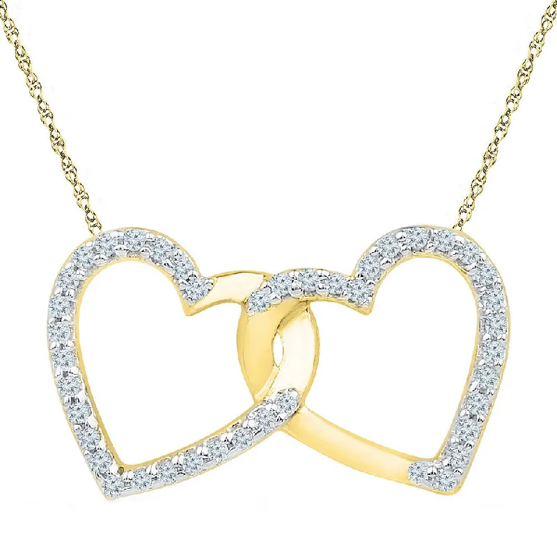 Shiny molybdenum necklace-10kt Yellow Gold Womens Round Diamond Double Linked Heart Pendant 1/6 Cttw