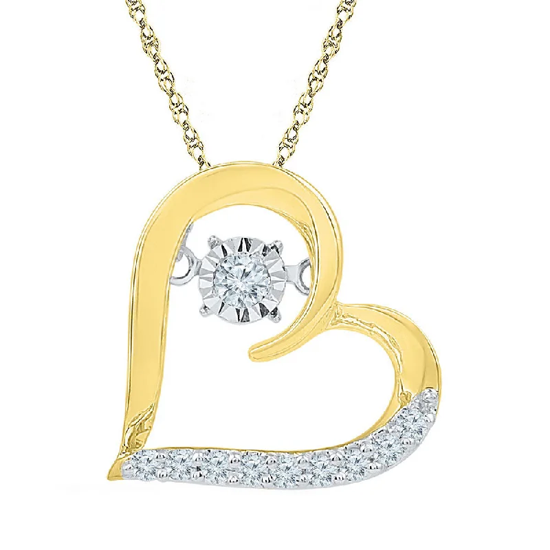 Ridge motif necklace-10kt Yellow Gold Womens Round Diamond Heart Moving Twinkle Pendant 1/8 Cttw