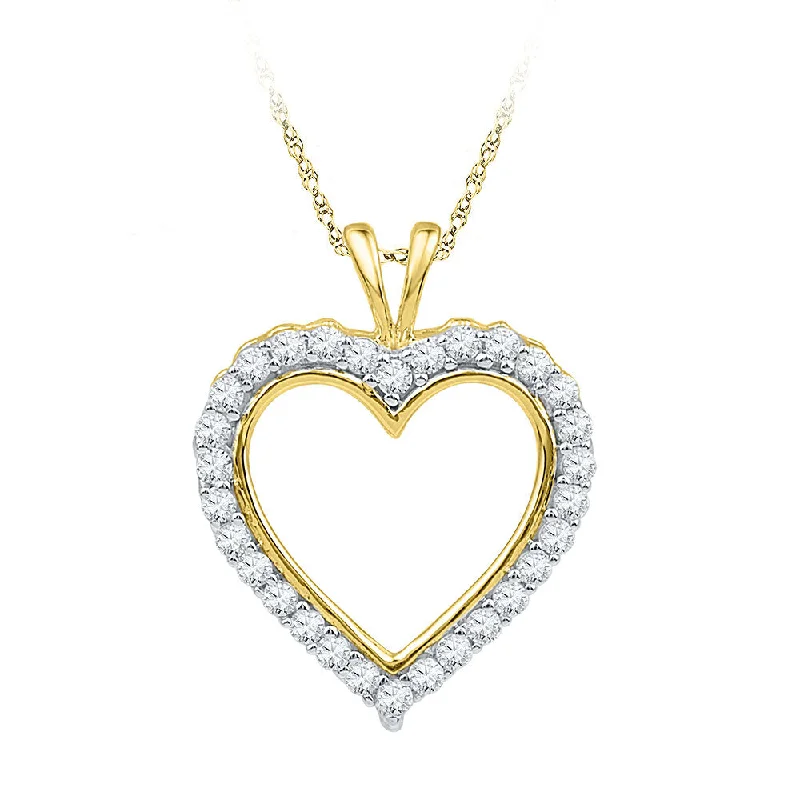 Forged gold necklace-10kt Yellow Gold Womens Round Diamond Heart Outline Pendant 1/4 Cttw