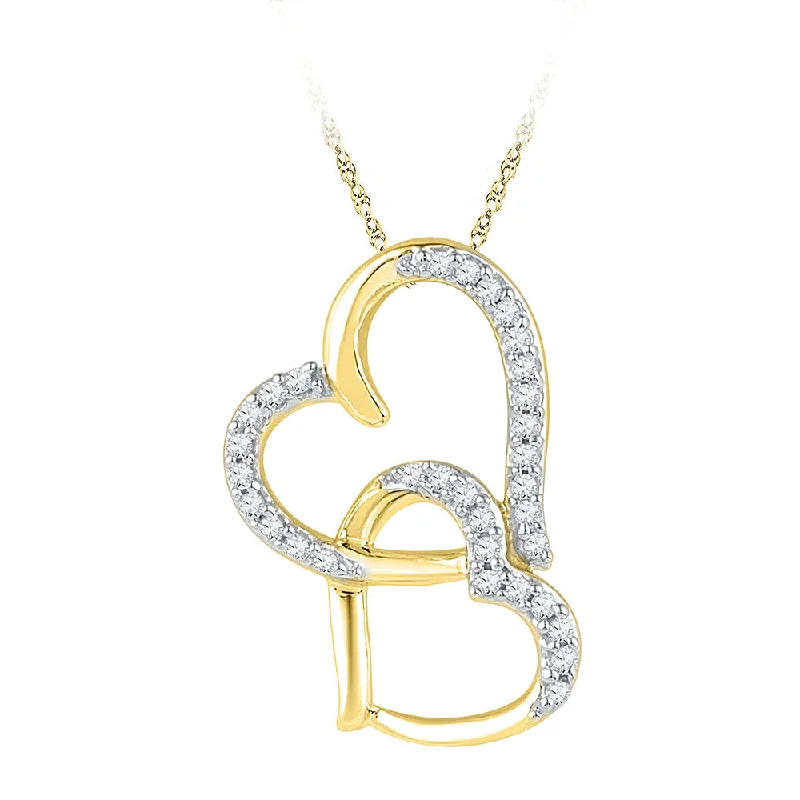 Flower-bud necklace-10kt Yellow Gold Womens Round Diamond Linked Double Heart Pendant 1/10 Cttw