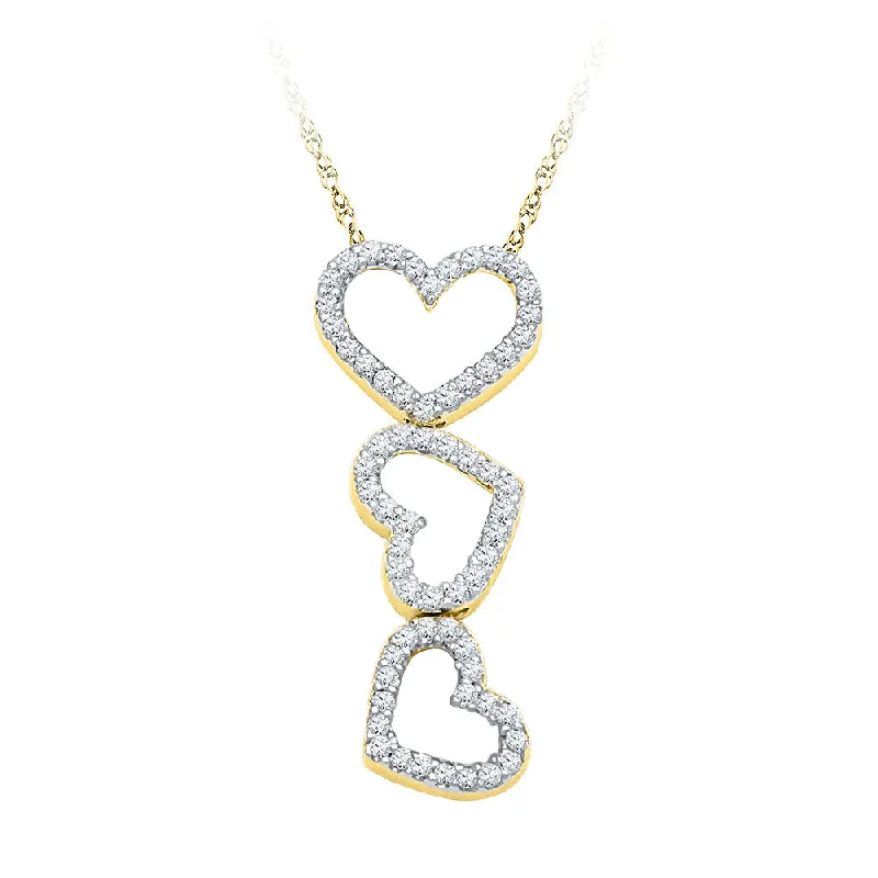 Welded silver necklace-10kt Yellow Gold Womens Round Diamond Triple Cascading Heart Outline Pendant 1/5 Cttw