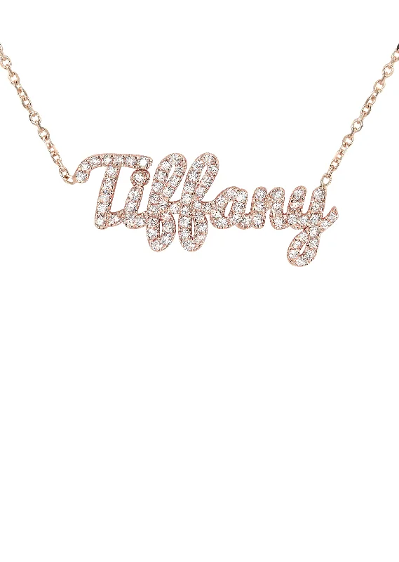 Stem-twist necklace-14K Rose Gold  Full Diamond Script Name Plate Necklace | Style #115