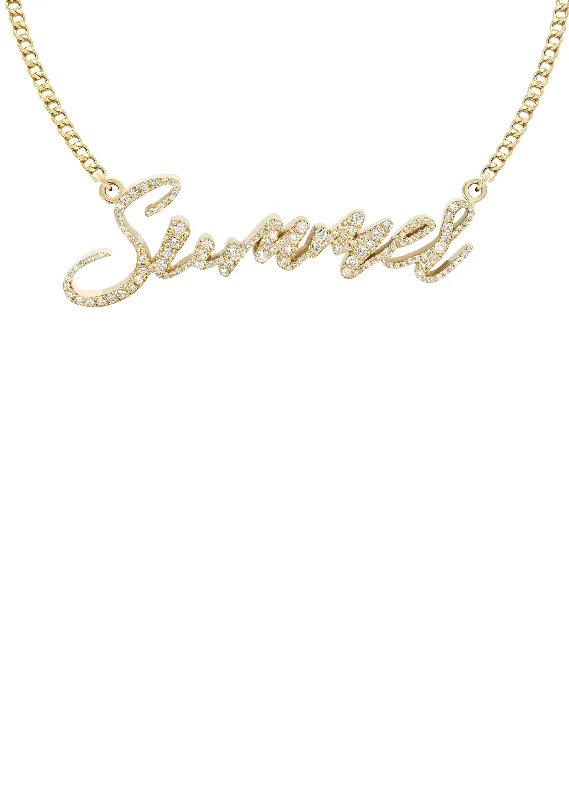 Forged gold necklace-14K Yellow Gold  Full Diamond Name Plate Necklace | Style #113