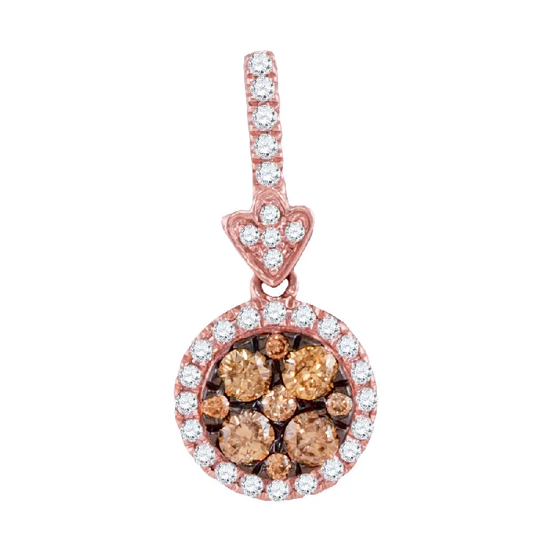 Gleaming larimar necklace-14kt Rose Gold Womens Round Brown Diamond Circle Frame Cluster Pendant 1/2 Cttw