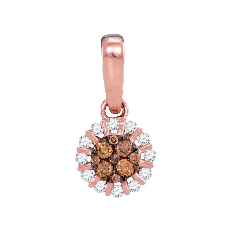 Edge-set necklace-14kt Rose Gold Womens Round Brown Diamond Cluster Pendant 1/4 Cttw