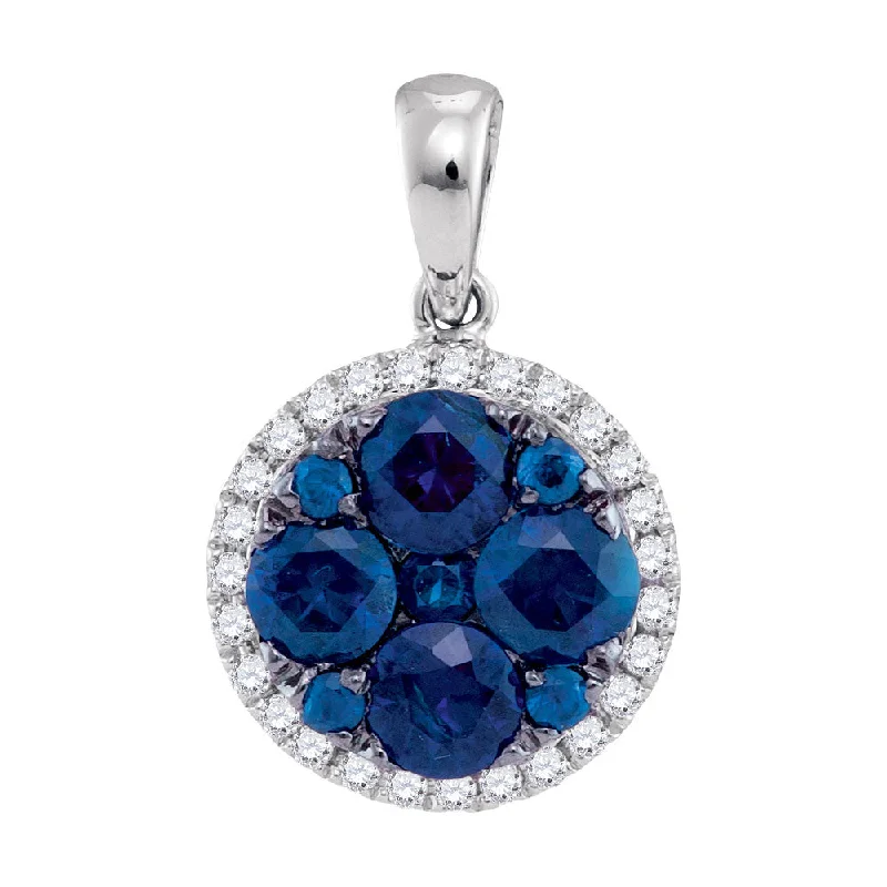 Tied knot necklace-14kt White Gold Womens Round Blue Sapphire Cluster Pendant 1-1/3 Cttw