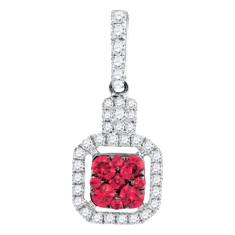 Glossy gem necklace-14kt White Gold Womens Round Ruby Cluster Diamond Square Pendant 1/2 Cttw