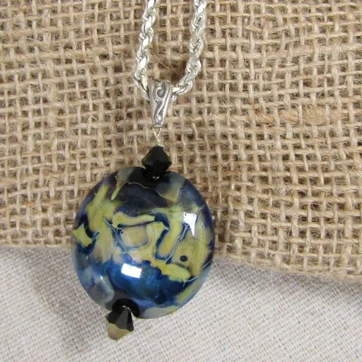 Deep-set necklace-Handmade Artisan Glass Bead Navy Pendant Necklace