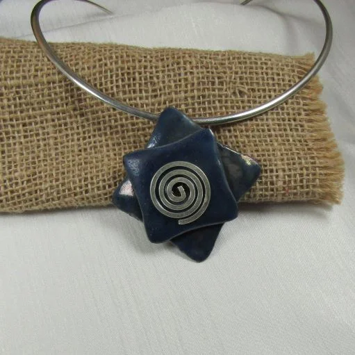 Triple-heart necklace-Choker Handmade Navy Blue Raku Pendant  Silver Neck Wire