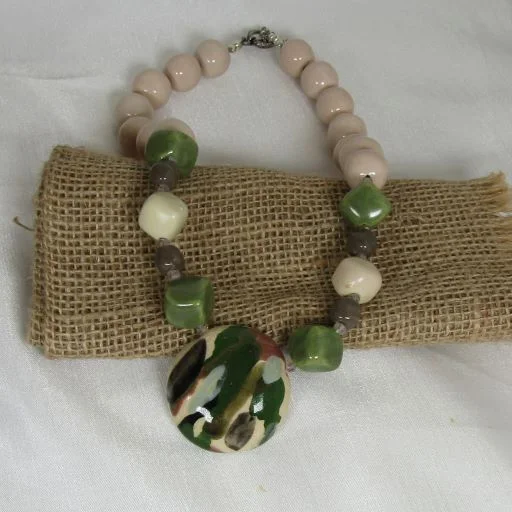 Rich emerald necklace-Cream, Light Brown & Green Pendant Necklace Kazuri Fair Trade Bead