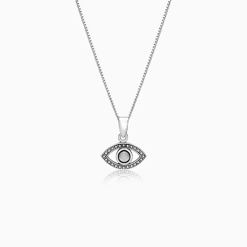 Flecked chain necklace-Oxidised Silver Evil Eye Pendant with Box Chain