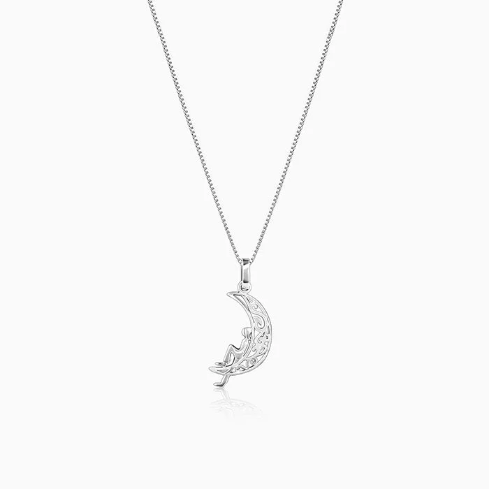 Inscribed initial necklace-Oxidised Silver Unwind Moon Pendant with Box Chain