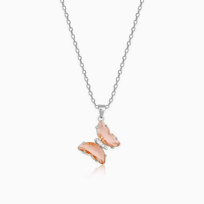 Shiny gold necklace-Silver Peach Butterfly Pendant With Link Chain