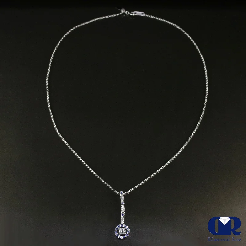 Arced wire necklace-Diamond & Sapphire Drop Pendant Necklace In 18K White Gold 18"