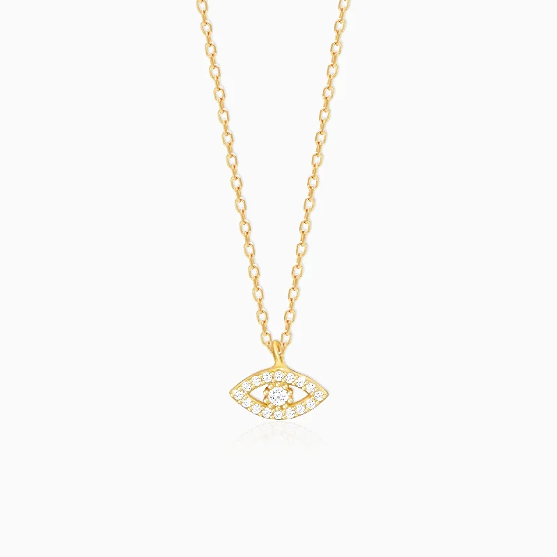 Encased gem necklace-Golden Evil Eye Zircon Pendant With Link Chain