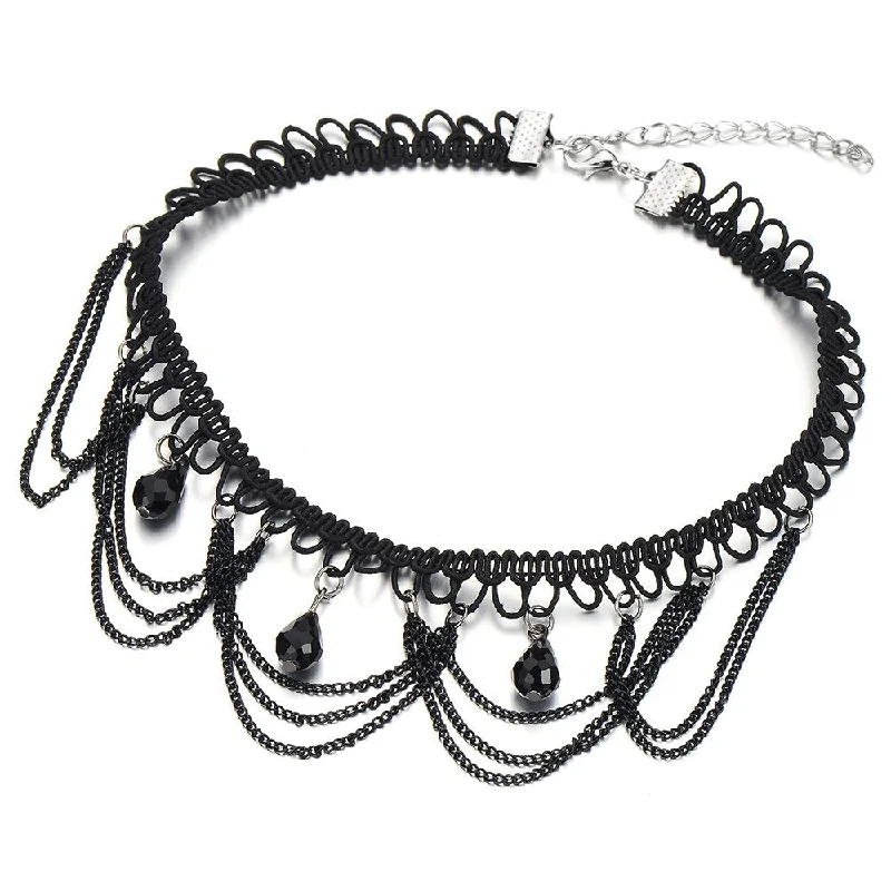 Unified chain necklace-Gothic Style Ladies Black Choker Necklace with Black Teardrop Beads Charm Pendant