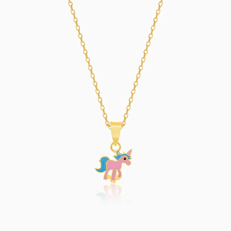 Carved pattern necklace-Golden Pie Unicorn Kids Pendant with Link Chain (7-10 yrs)