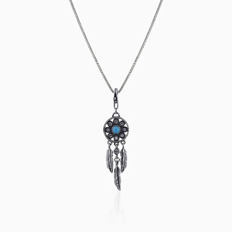 Dual-stone necklace-Oxidised Silver Dream Catcher Pendant With Box Chain