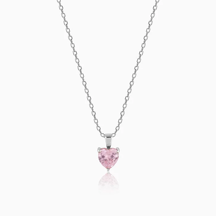 Dual-stone necklace-Silver Pink Heart Pendant with Link Chain