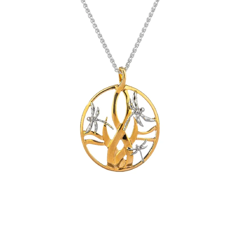 Celestial moon necklace-10k Yellow and White Gold Dragonfly in Reeds Pendant Small