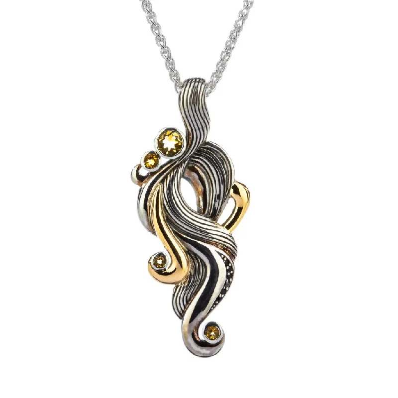 Shimmering ruby necklace-Silver and 10k Gold 'Air' Element Pendant - Citrine -Black Spinel