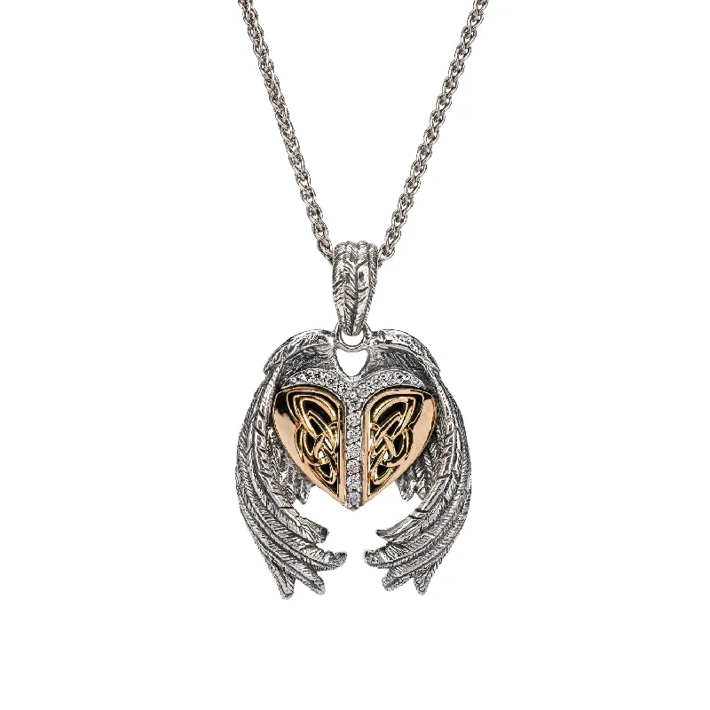 Glossy stone necklace-Silver and 10k Heart and Wings Aphrodite Reversible Pendant - Cubic Zirconia