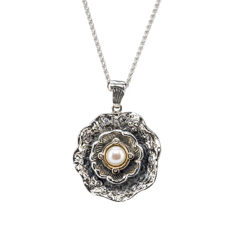 Coarse stone necklace-Silver and 10k Gold Aphrodite Open Shell Pendant - White Fresh Water Pearl