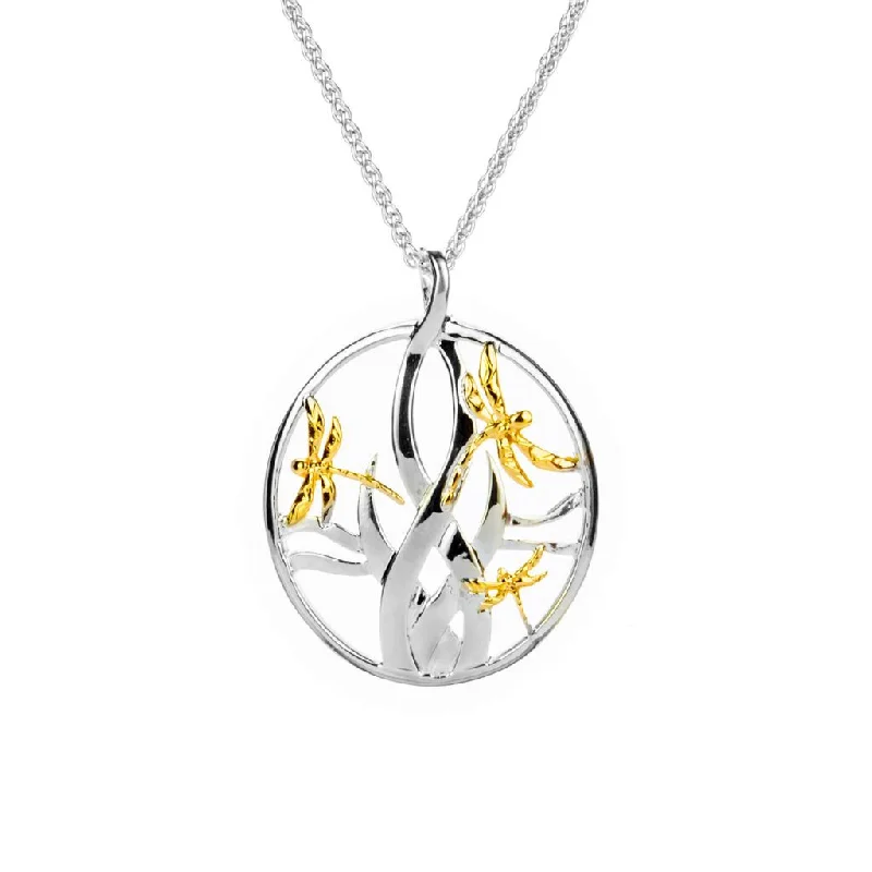 Bold granite necklace-Silver and 10k Gold Dragonfly in Reeds Pendant Large