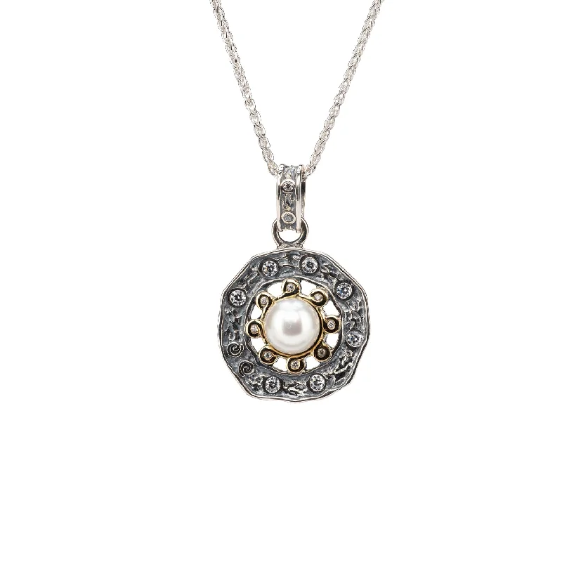 Light morganite necklace-Silver and 10k Gold Aphrodite Circle Spoke Pendant - White Fresh Water Pearl