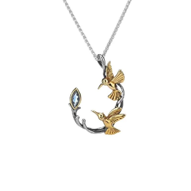 Hex pendant necklace-Silver and 10k Gold Double Hummingbird Pendant - Blue Topaz/Rhodolite/White Topaz/Peridot