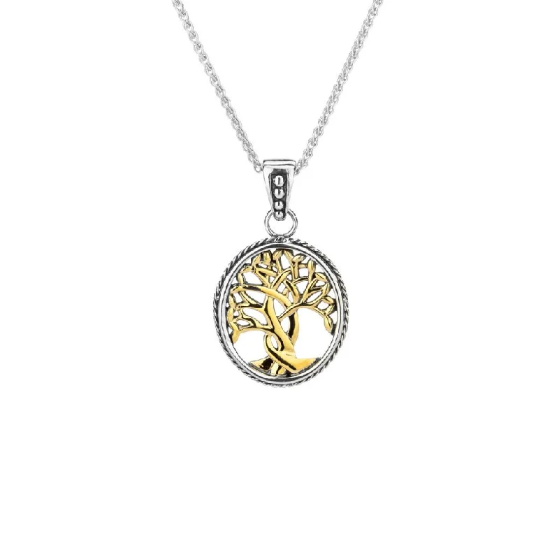 Fixed gem necklace-Silver and 10k Yellow or Rose Gold Tree of Life Pendant Small