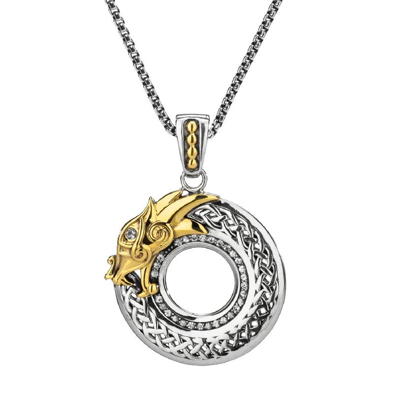 Striated design necklace-Silver and 10k Gold Dragon Pendant - White Sapphire