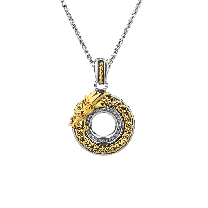 Subtle filigree necklace-Silver and 10k Gold Round Dragon Pendant Small - White Sapphire