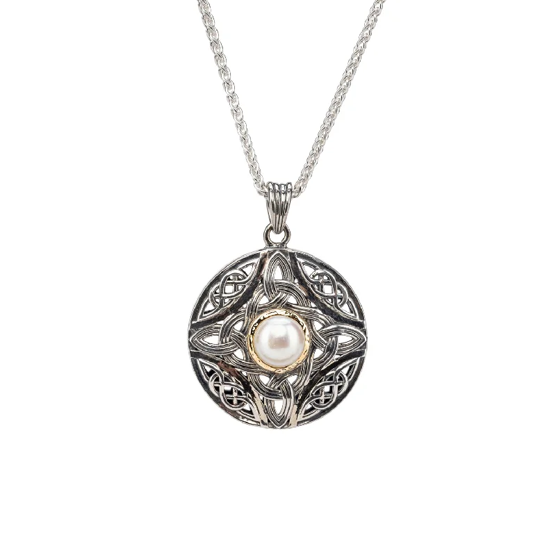 Hand-carved necklace-Silver and 10k Gold Round Aphrodite Pendant - White Fresh Water Pearl