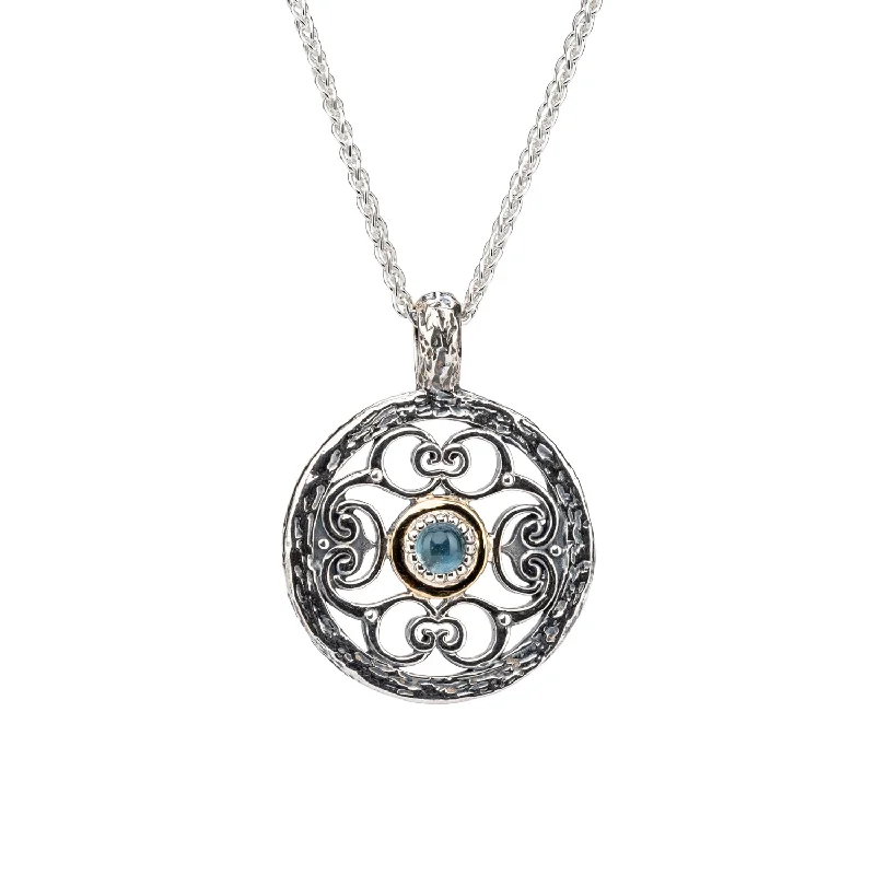 Flare sun necklace-Silver and 10k Gold Filigree Whirlpool Pendant - Sky Blue Topaz