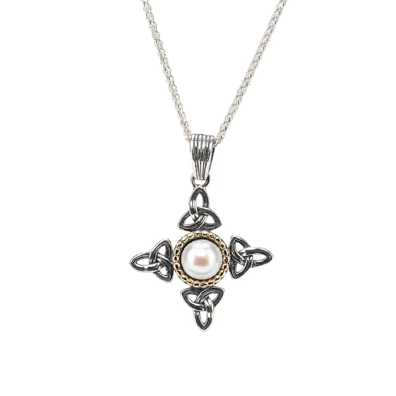 Welded gold necklace-Silver and 10k Gold Aphrodite Cross Pendant - White Fresh Water Pearl