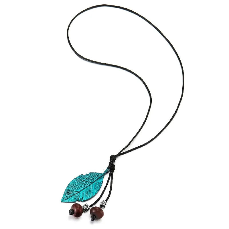 Shimmering ruby necklace-Retro Style Black Cotton Rope Long Statement Necklace with Green Leaf Petal Pendant and Wood Beads