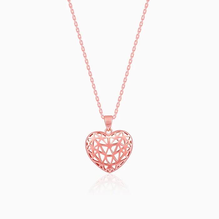 Shiny gold necklace-Rose Gold Filigree Heart Pendant with Link Chain