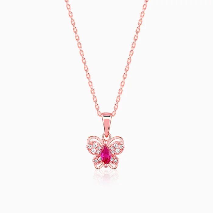 Narrow-tier necklace-Rose Gold Pop Pink Studded Butterfly Pendant With Link Chain