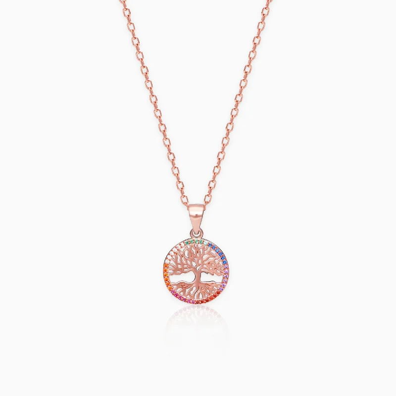 Light morganite necklace-Rose Gold Rainbow Tree of Life Pendant with Link Chain