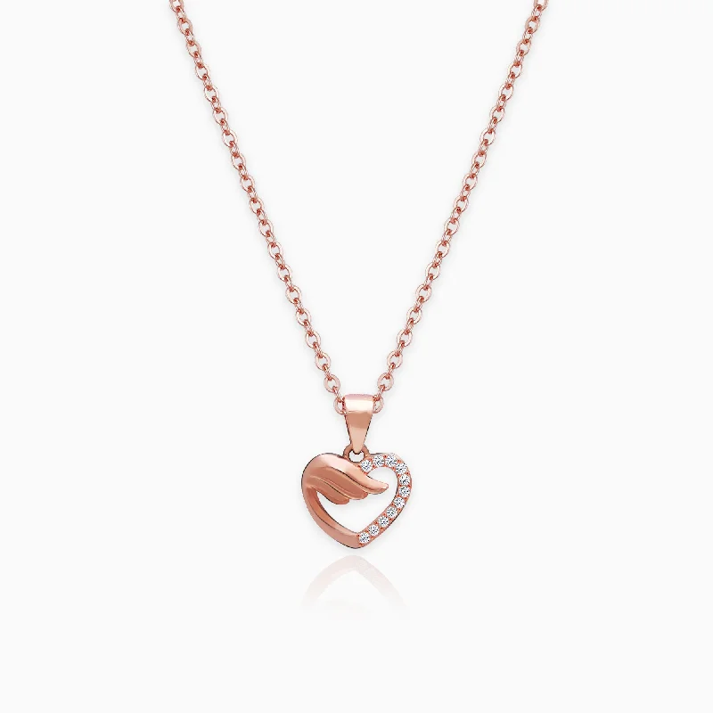 Open coil necklace-Rose Gold Winged Heart Pendant with Link Chain