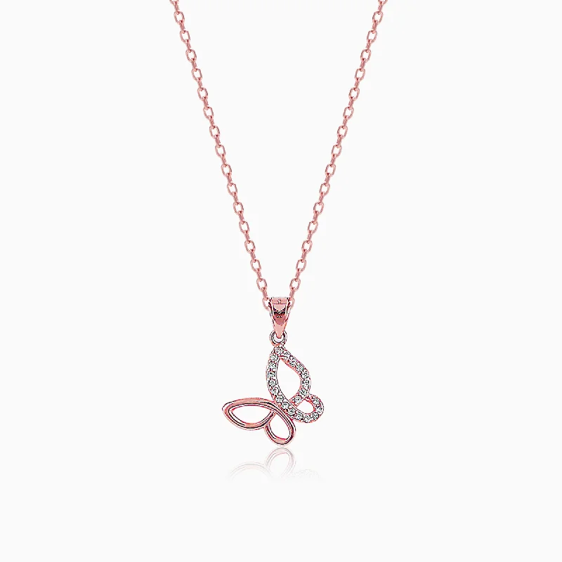 Inscribed initial necklace-Rose Gold Zircon-Studded Butterfly Pendant With Link Chain