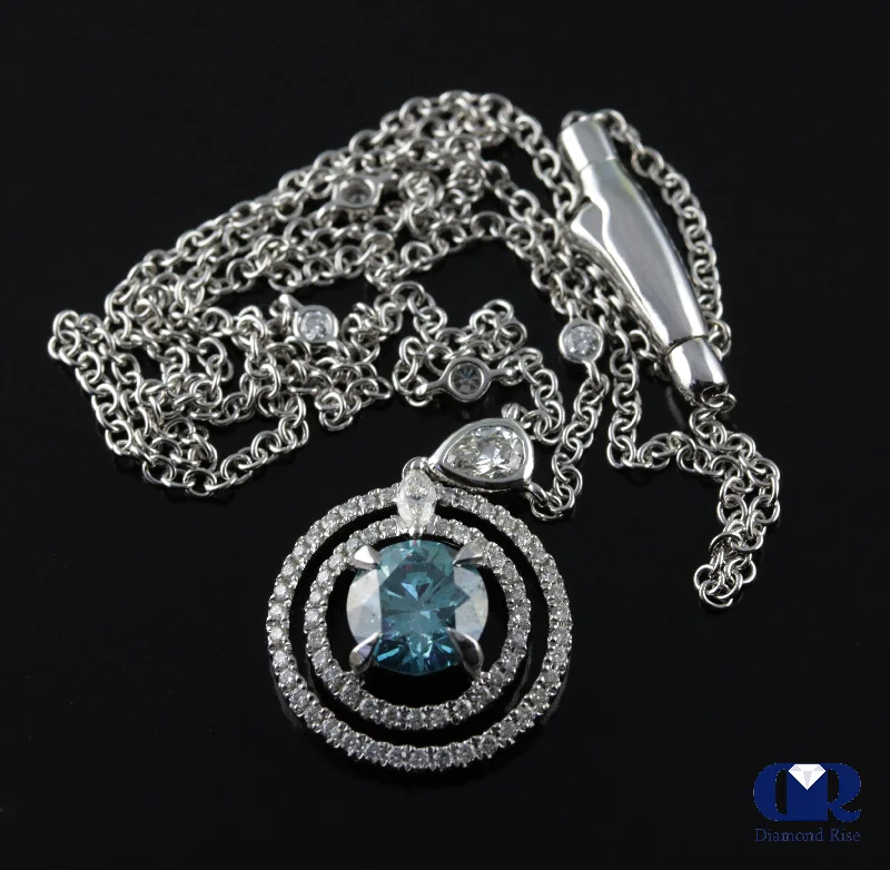 Shaded gem necklace-Round Cut Blue Diamond Double Halo Pendant Necklace In 18K White Gold