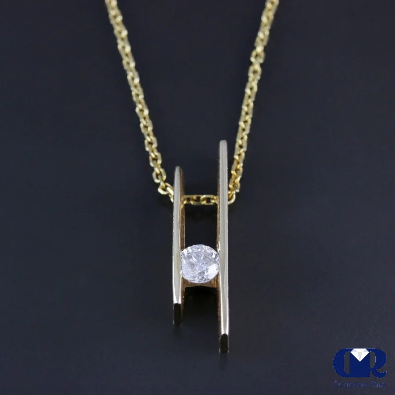 Rough-edge necklace-Round Cut Diamond Solitaire Pendant Necklace In 14K Yellow Gold