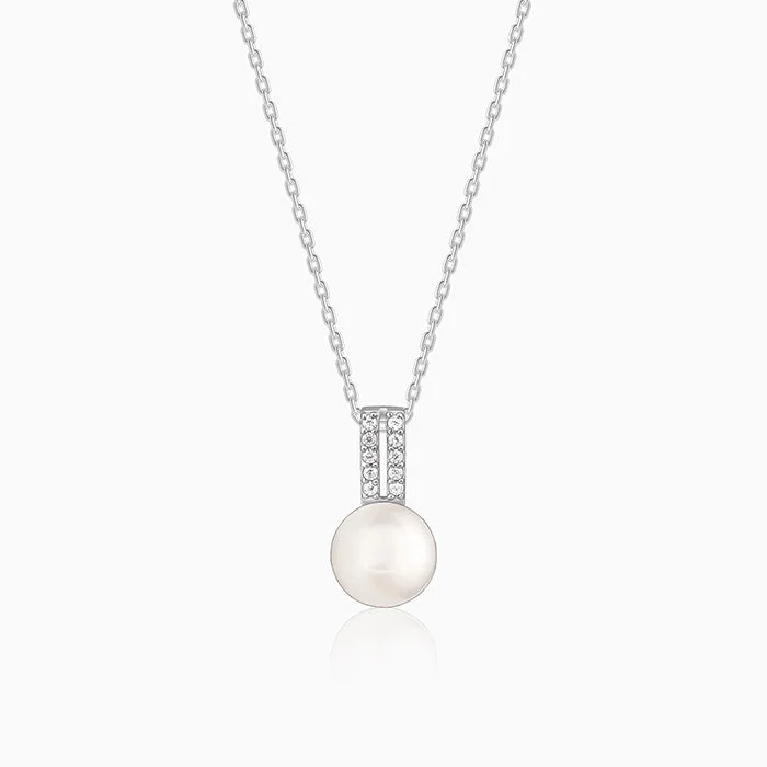 Satin granite necklace-Silver Fall Pearl Pendant With Link Chain