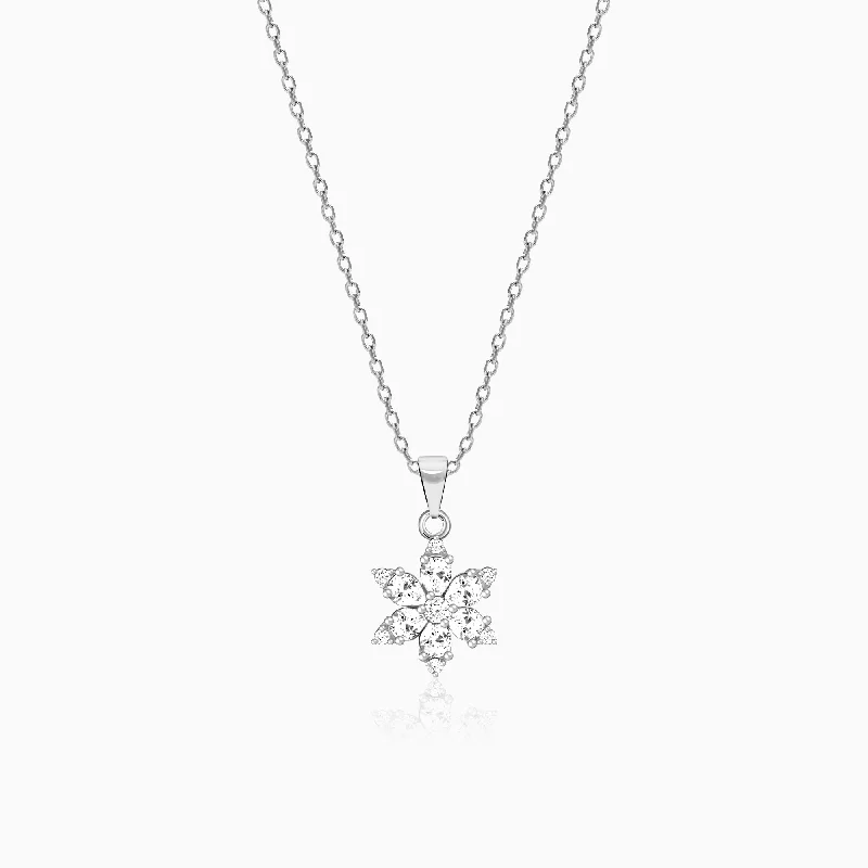 Glossy stone necklace-Silver Flowery Snowflake Pendant With Link Chain