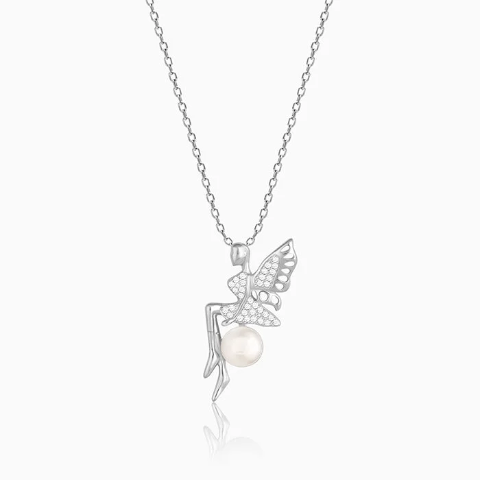 Striated edge necklace-Silver Love Angel Pearl Pendant With Link Chain